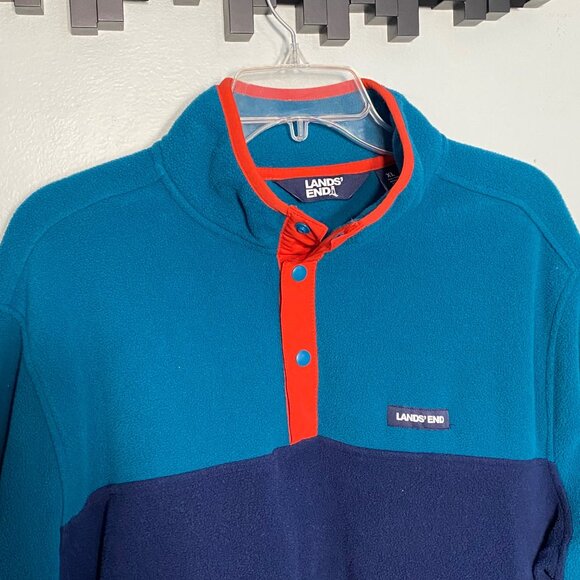 Lands End Mens XL Fleece Pullover Snap Collar Teal & Navy - Picture 3 of 7